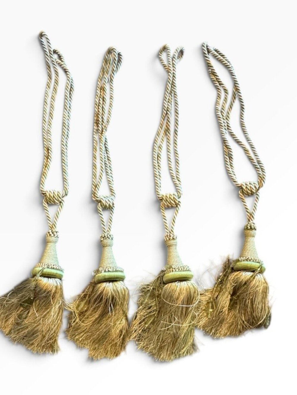 Vintage Green Gold Tassel Curtain Tiebacks Set of 4 Drapery Tie Backs